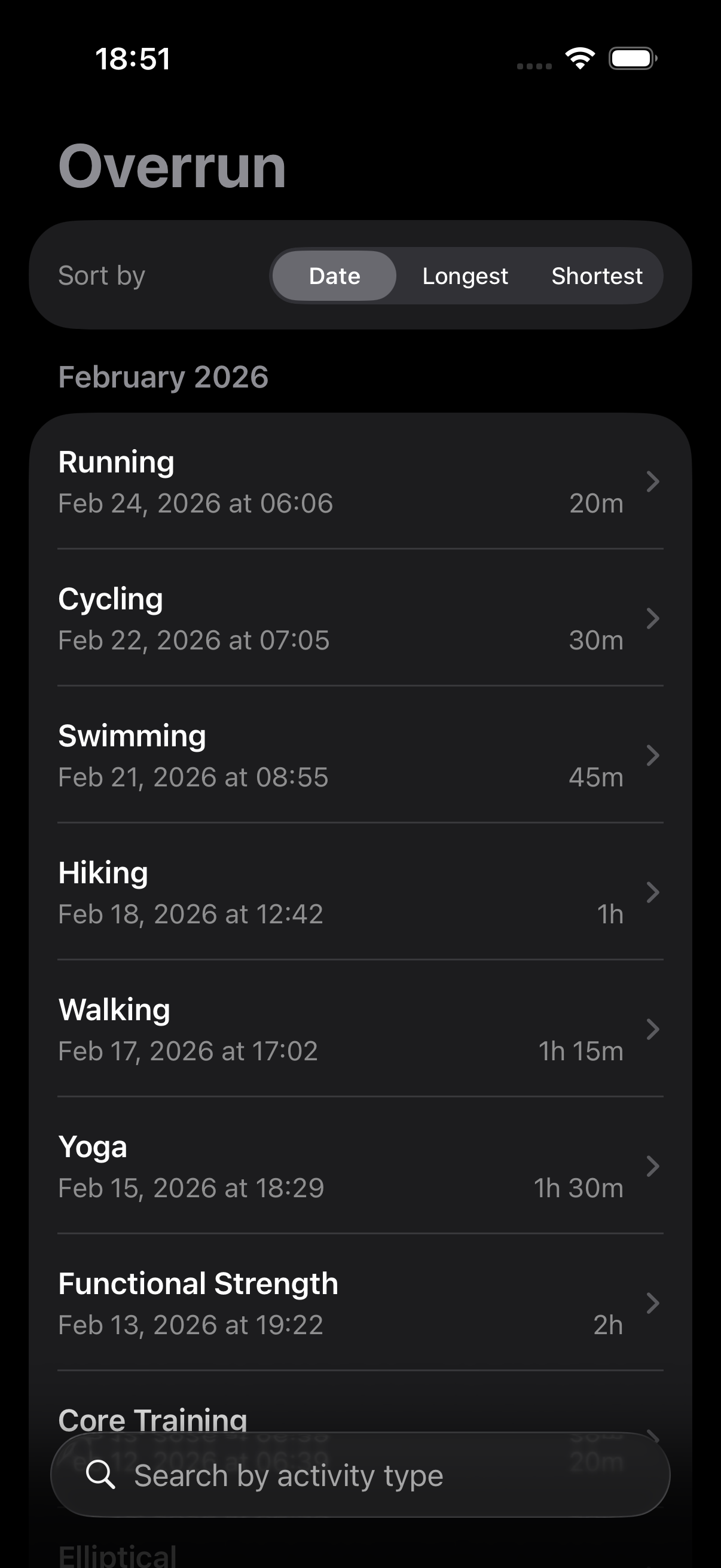 Workout list grouped by month