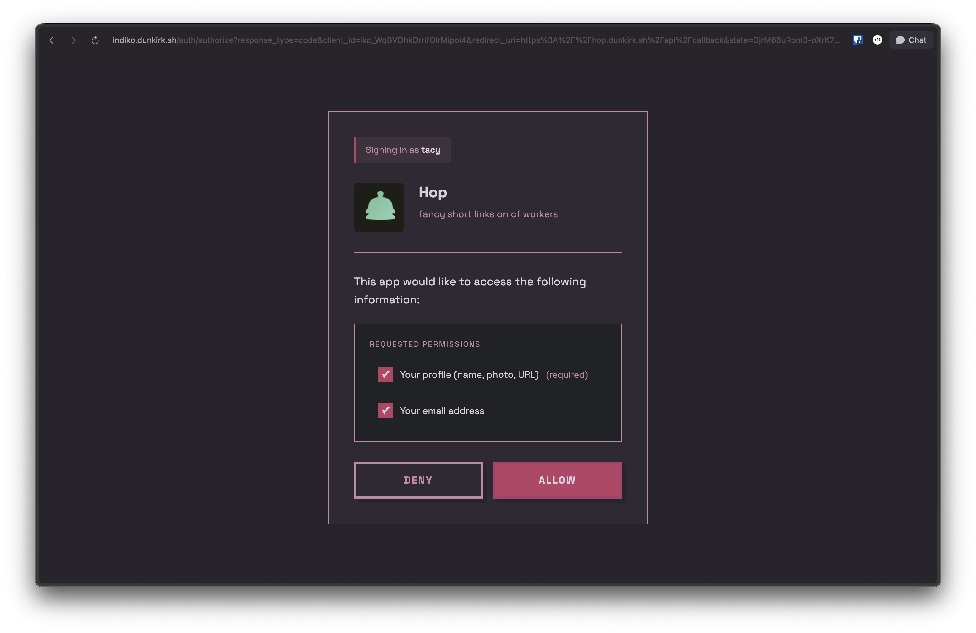 screenshot of oauth page