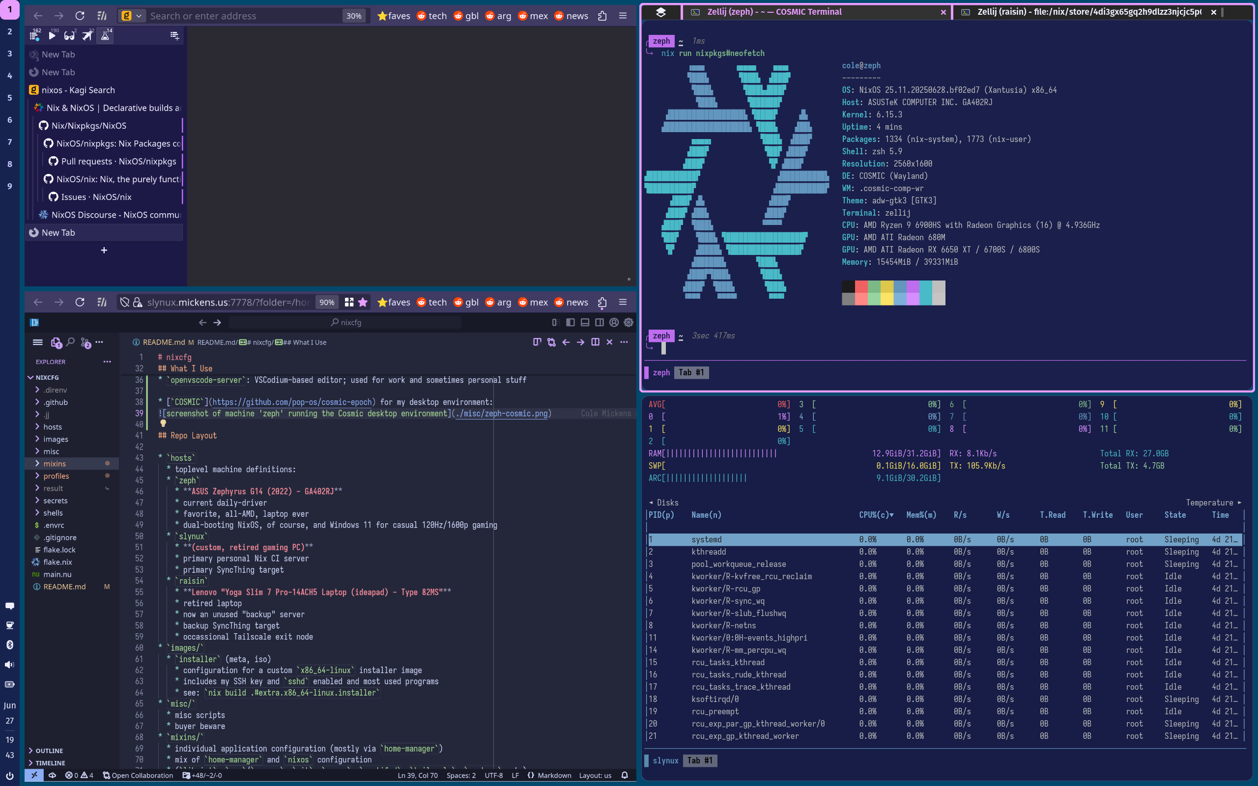 screenshot of machine 'zeph' running the Cosmic desktop environment