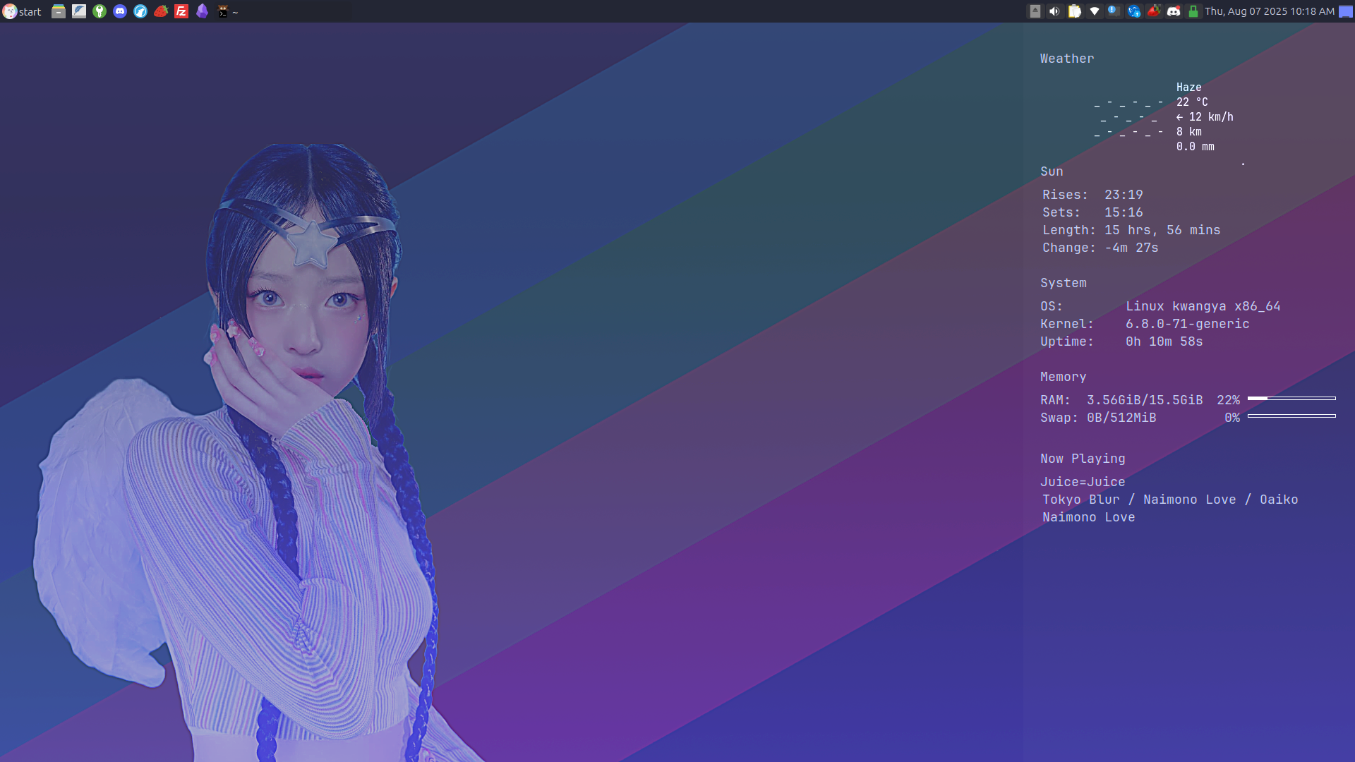 desktop PC screen shot showing my custom new jeans hanni catppuccin wallpaper, and a sidebar made with conky that shows the weather, sunrise/sunset info, system statistics, and my last listened or currently playing song