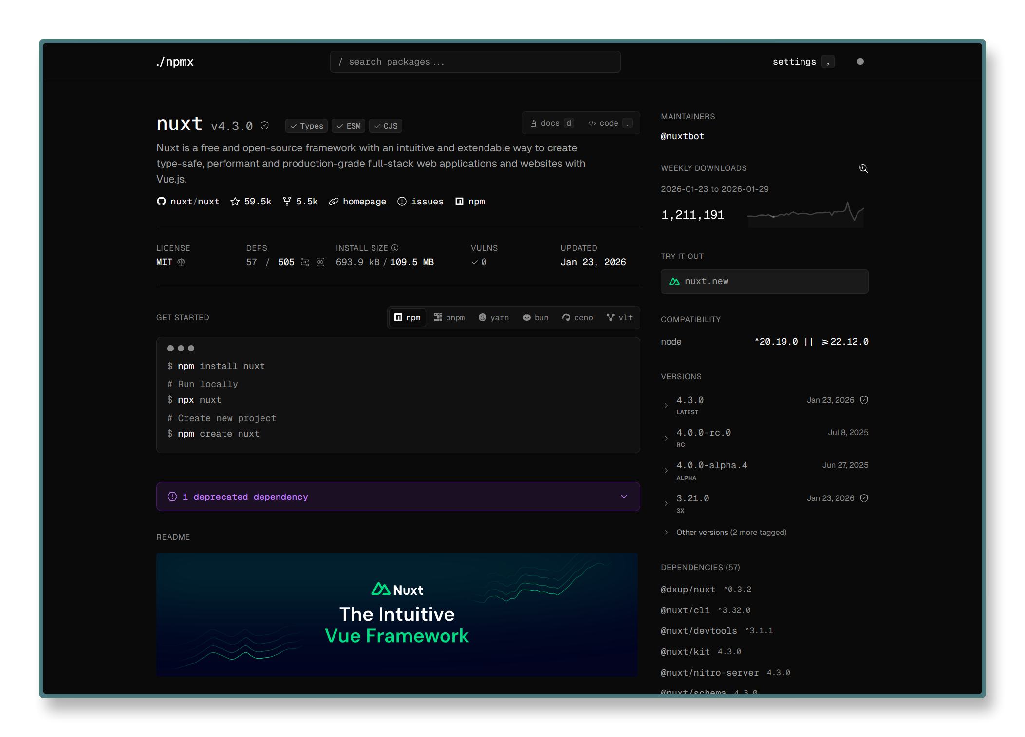 Screenshot of npmx.dev showing the nuxt package