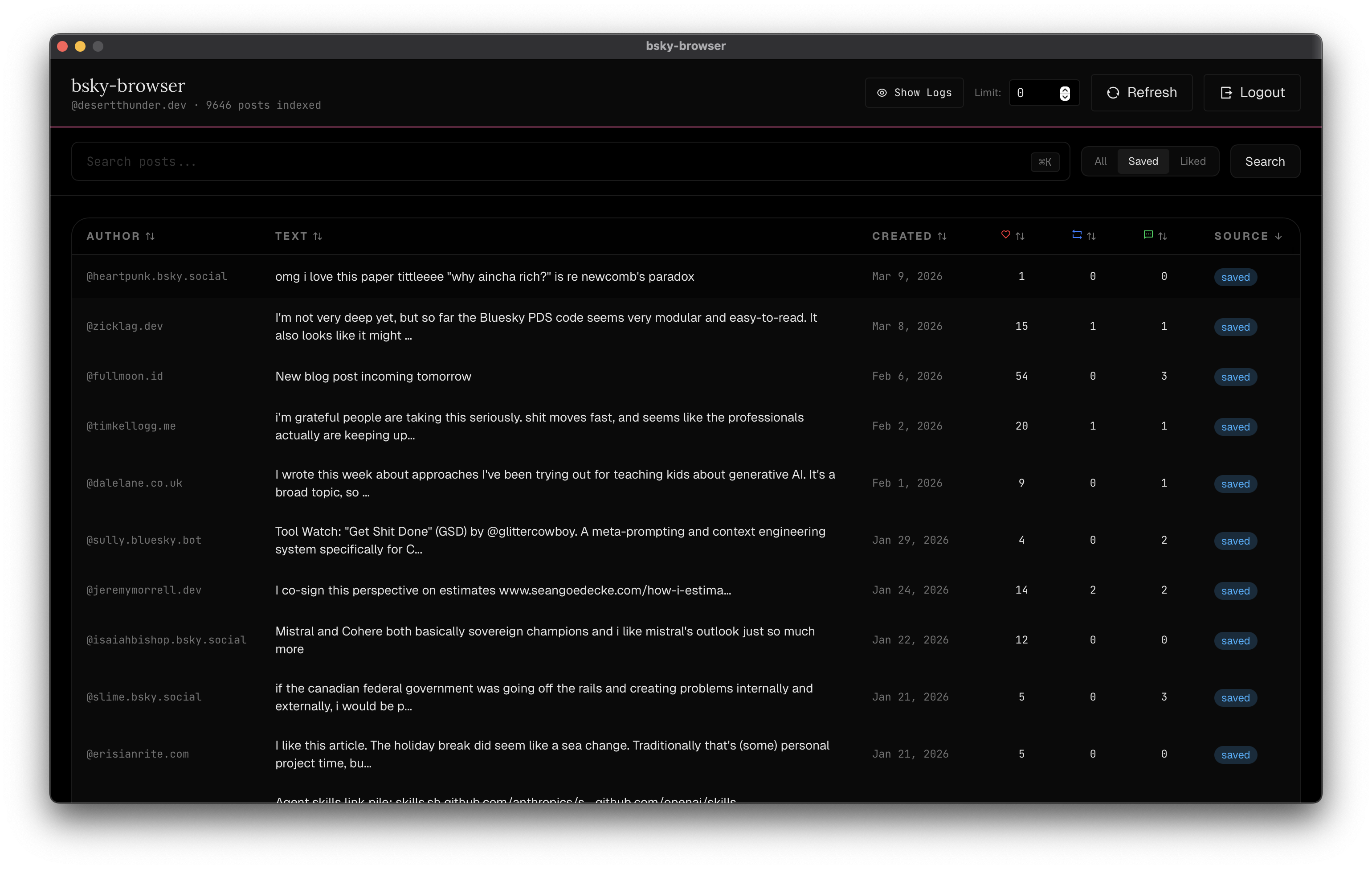 main search view showing indexed post count, search bar, source filter, and results table after a successful refresh