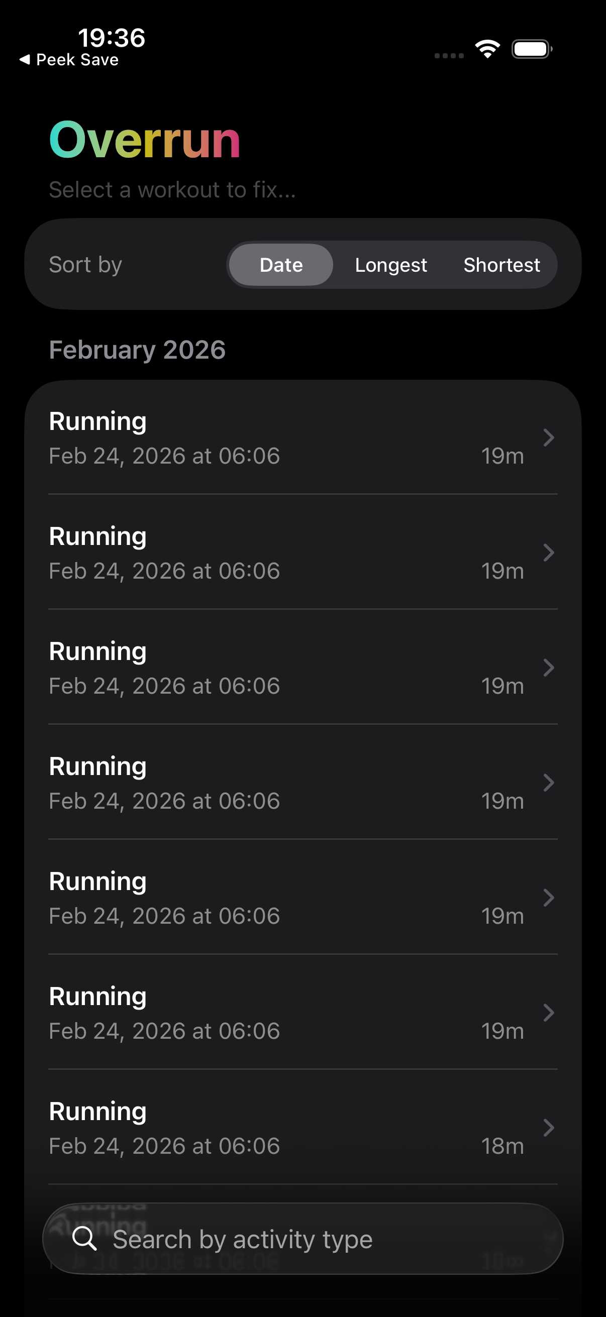 Workout list grouped by month