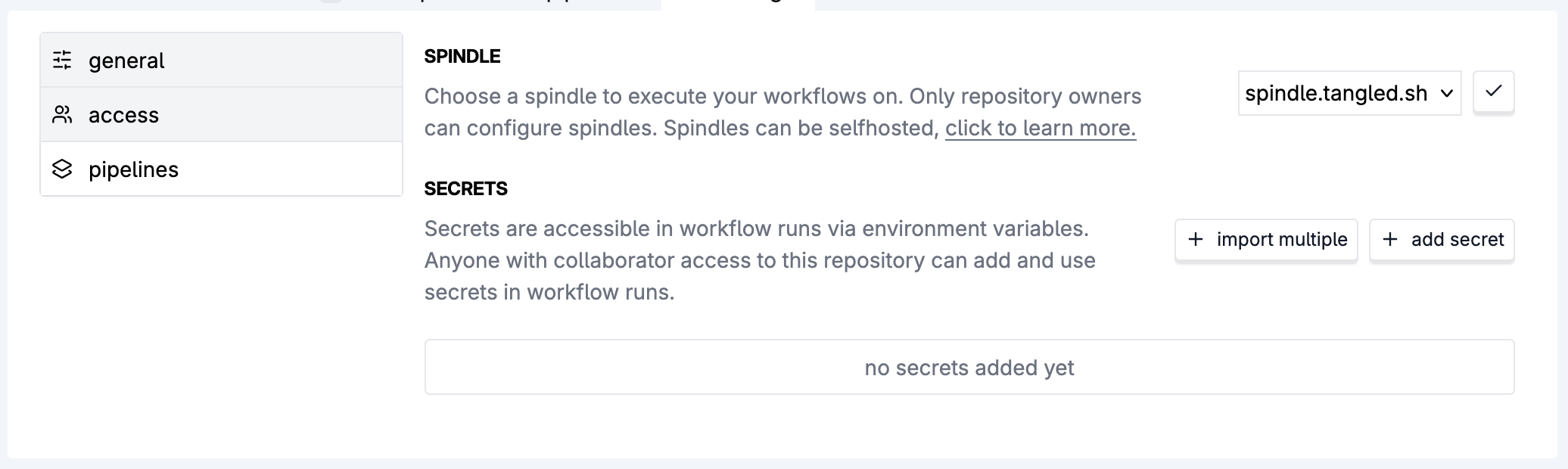 A UI prototype showcasing an extra button in the secrets settings, labeled "import multiple".