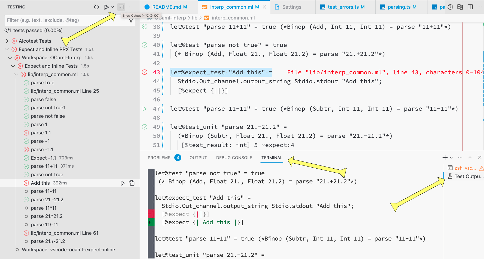 Show test output in terminal