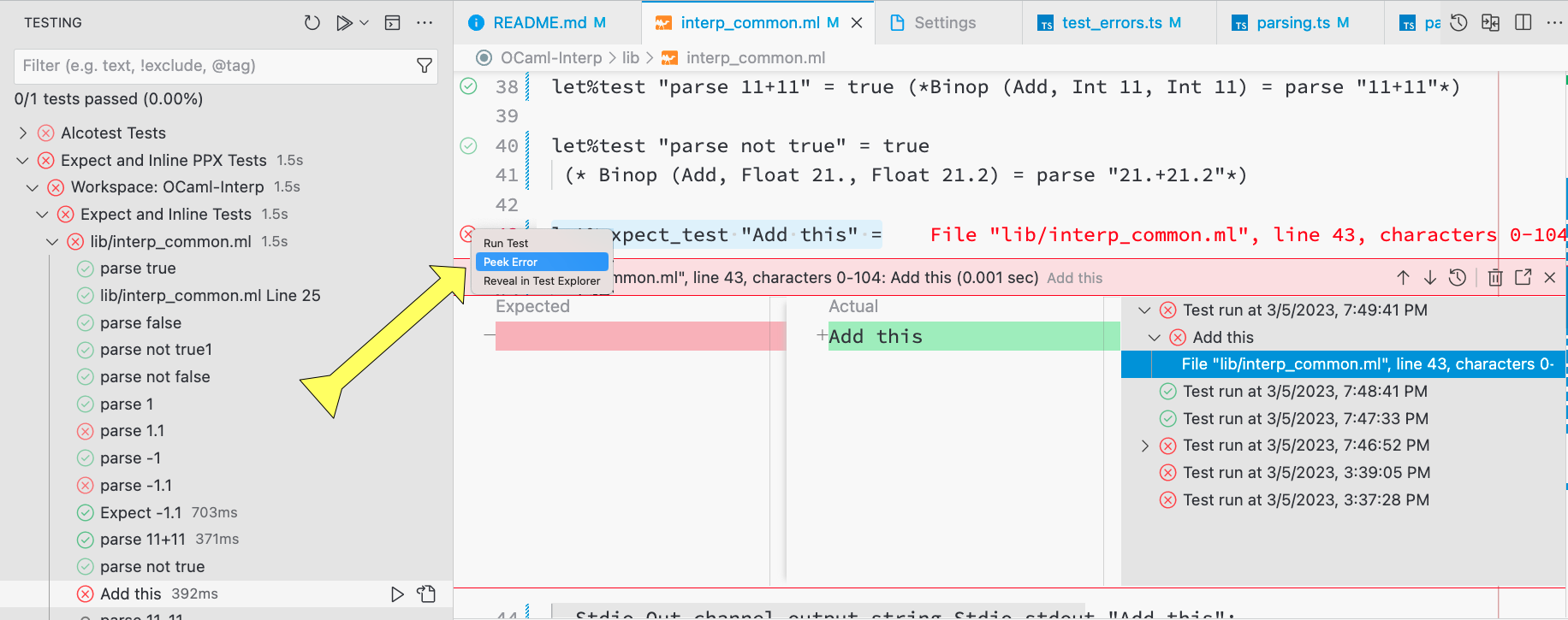 Peek Error or Peek Test Output