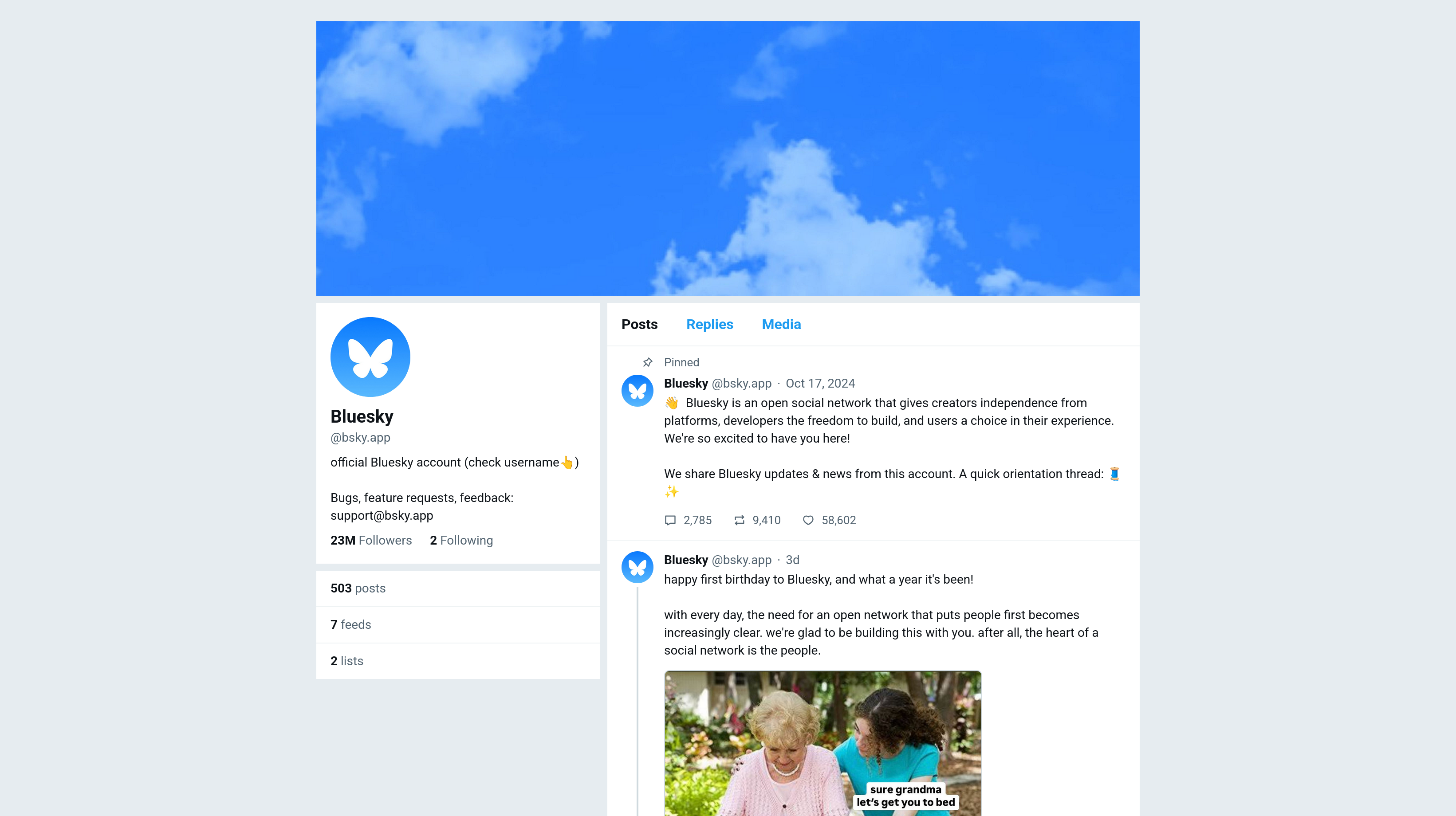 Web client displaying @bsky.app's Bluesky profile