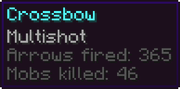 The tooltip of an enchanted crossbow showing a stat of 365 arrows fired and 46 mobs killed