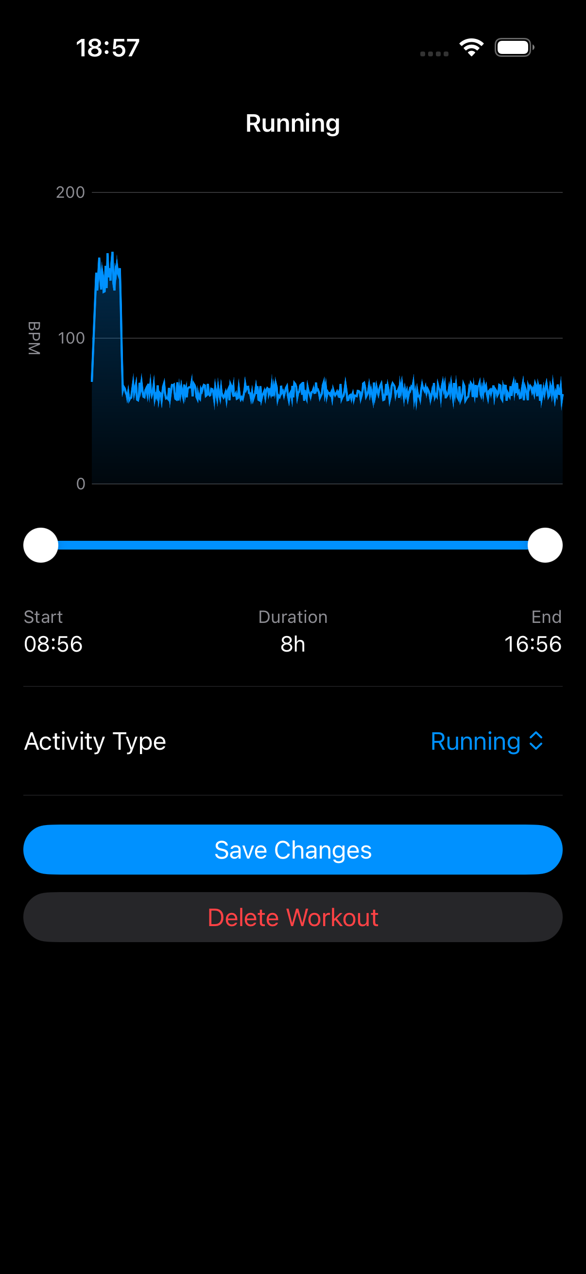 Detail view showing a forgot-to-stop workout