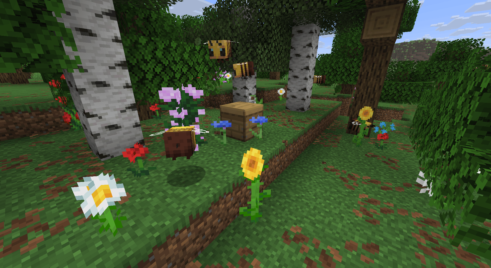 A picture of a forest with several types of flowers in view around a beehive, and some bees flying around. Closest to the camera is an Oxeye daisy, sunflower, peony and some cornflowers. The forest is made up of a mix of birch and oak wood, with a plains biome off to rhe right visible in the distance
