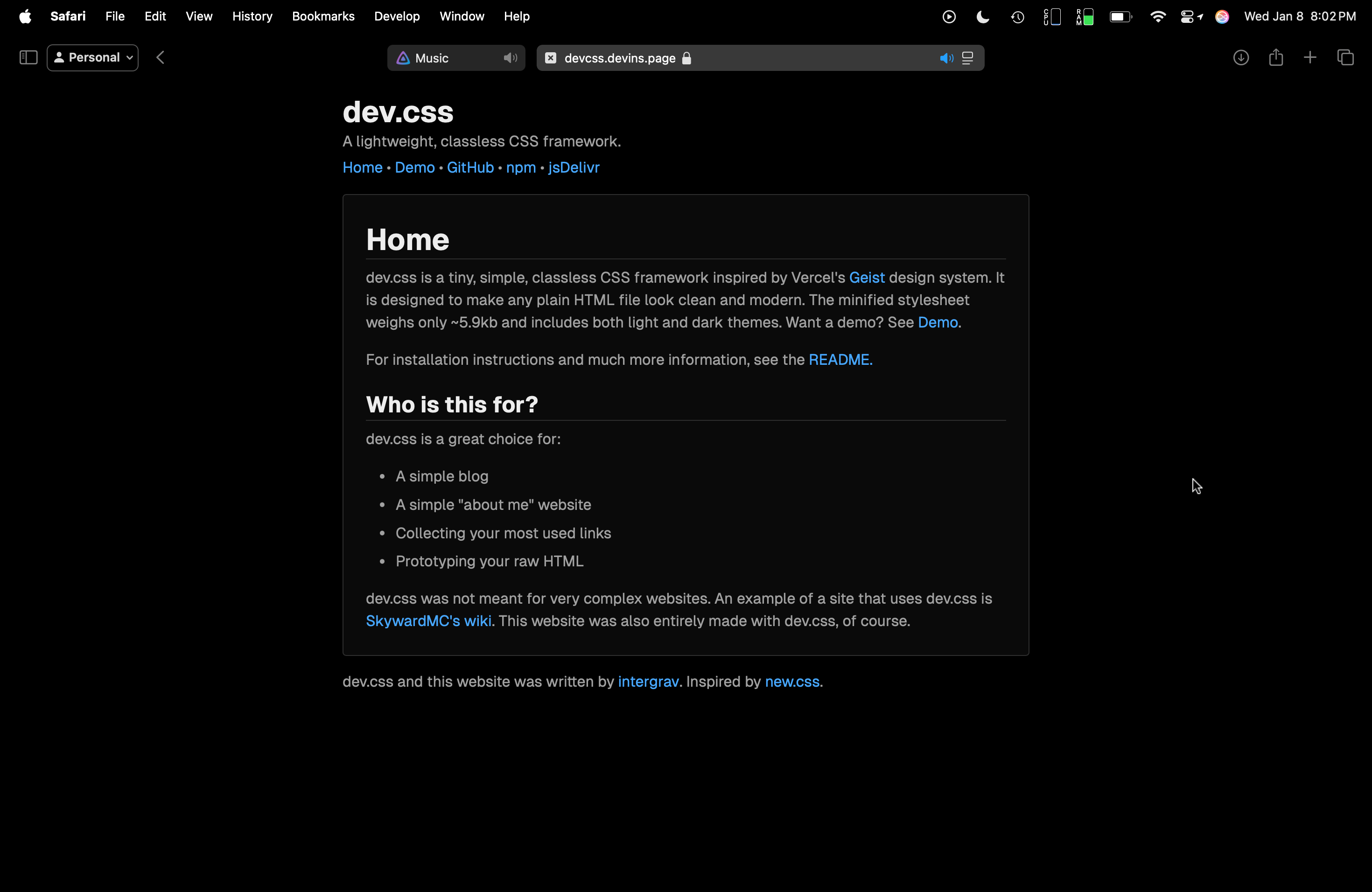 dev.css desktop demo, dark mode
