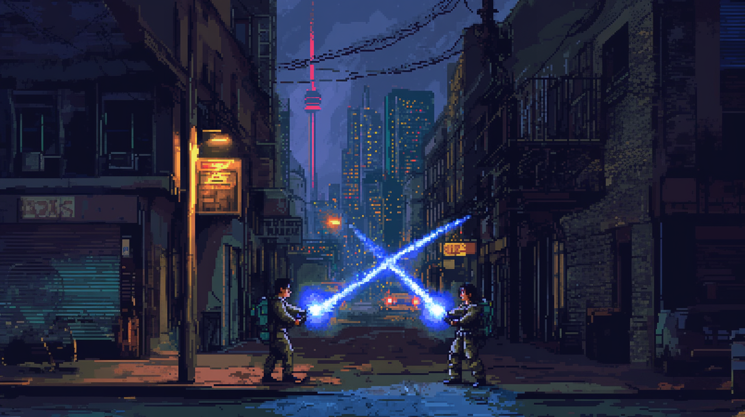 Pixel art heroes cross proton streams, saving gritty, shadowy Toronto street beneath glowing CN Tower backdrop.