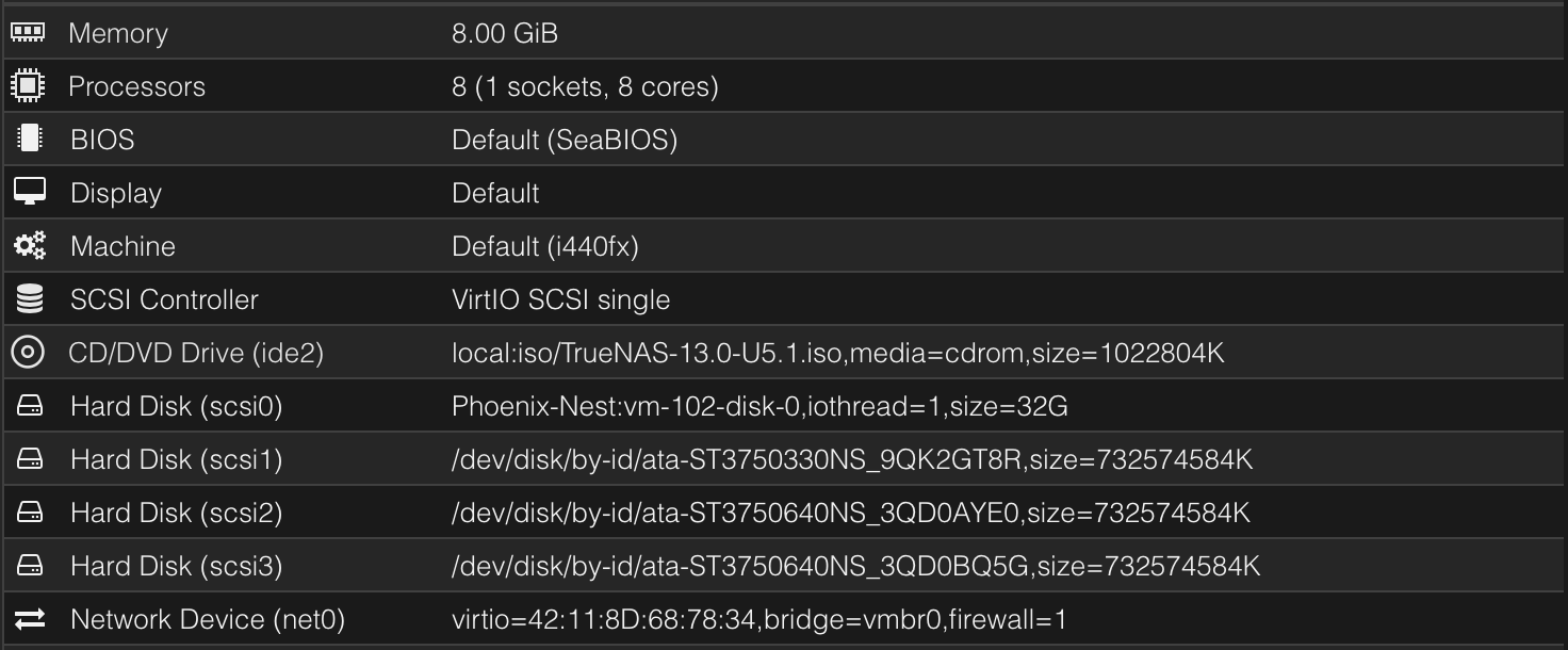 hardware page of the vm in proxmox