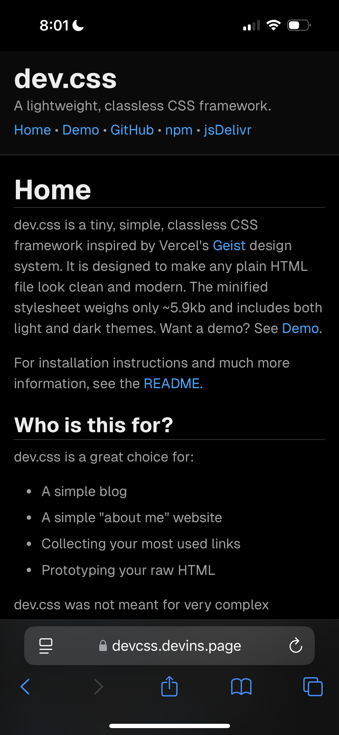 dev.css mobile demo, dark mode