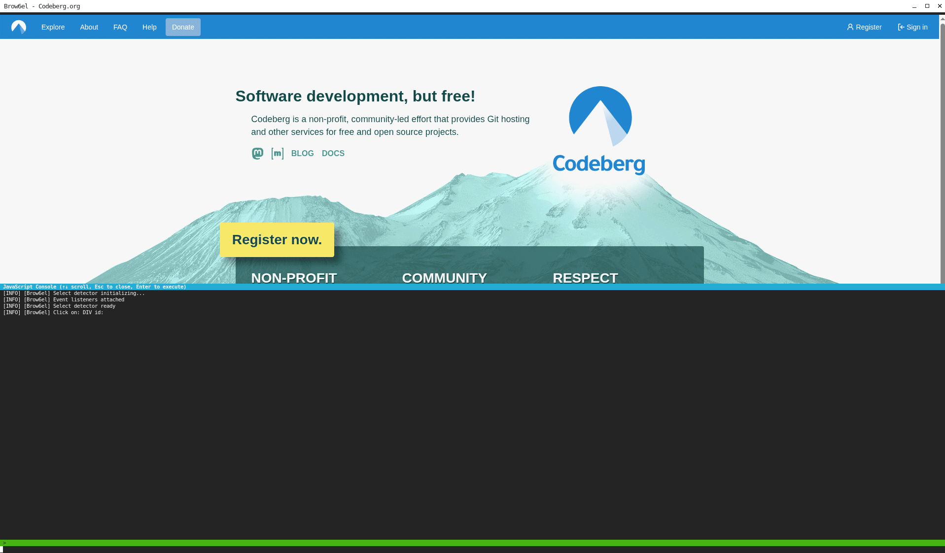 brow6el web browser running in linux virtual terminal window showing codeberg website and opended javascript console