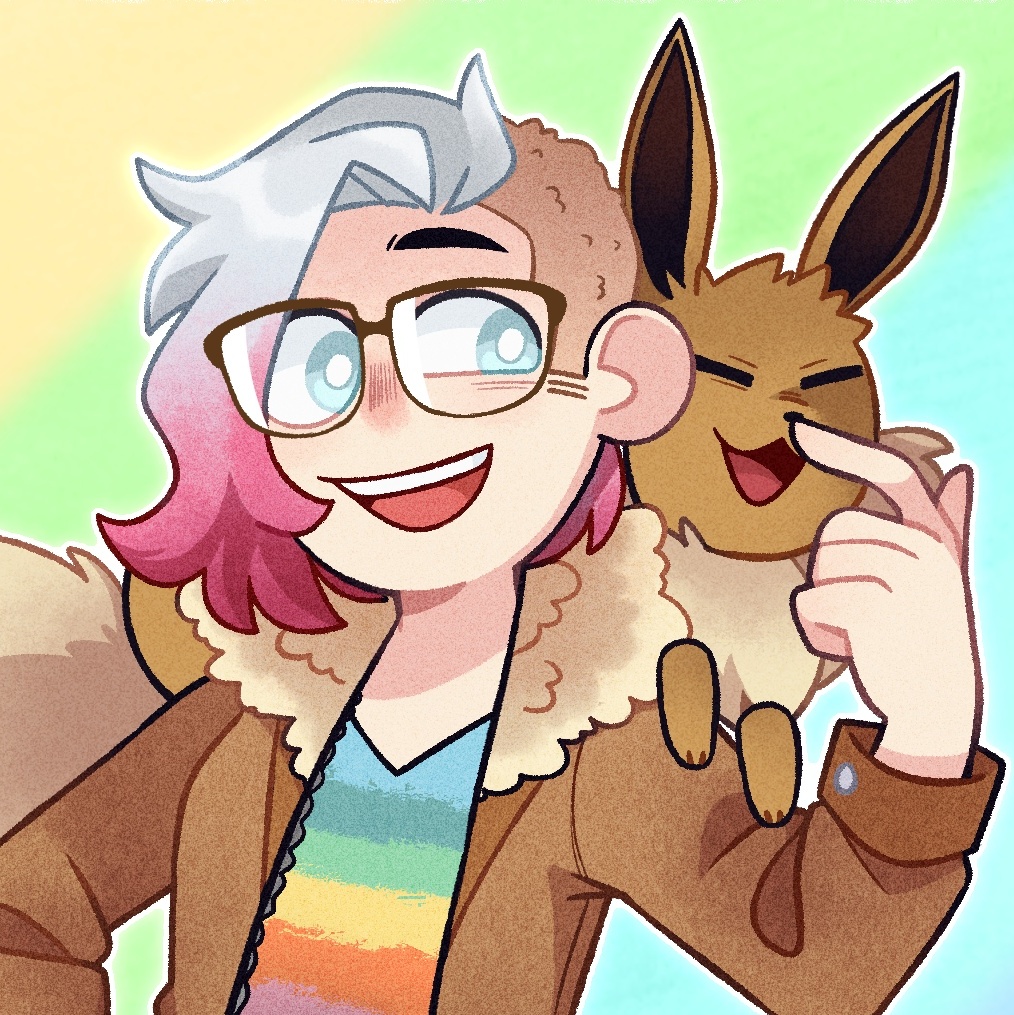 Drawing of a white person, gray and pink medium hair, blue eyes, big glasses, wearing a brown jacket and a colorful shirt, with an Eeevee (pokémon) over their shoulder