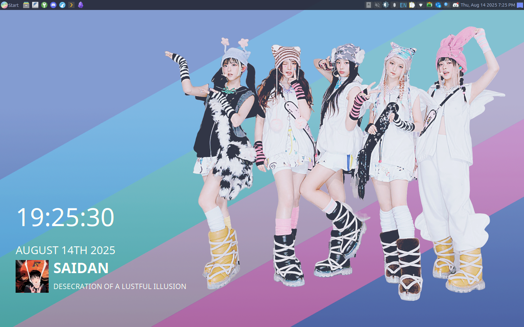 laptop screen shot showing my new jeans wallpaper and a music listening widget that plays a saidan song, plus the time