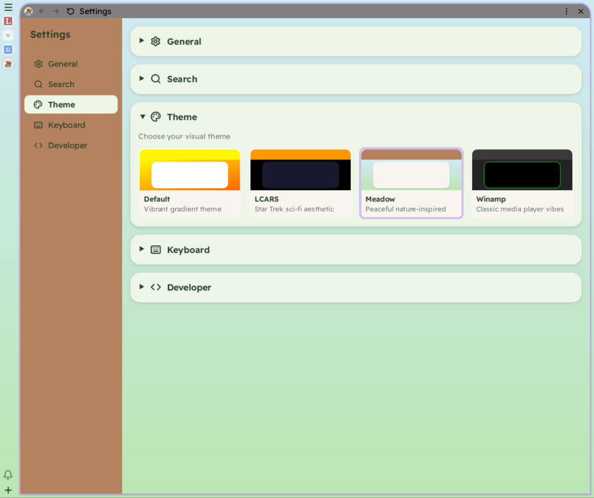 The settings app, with a few themes