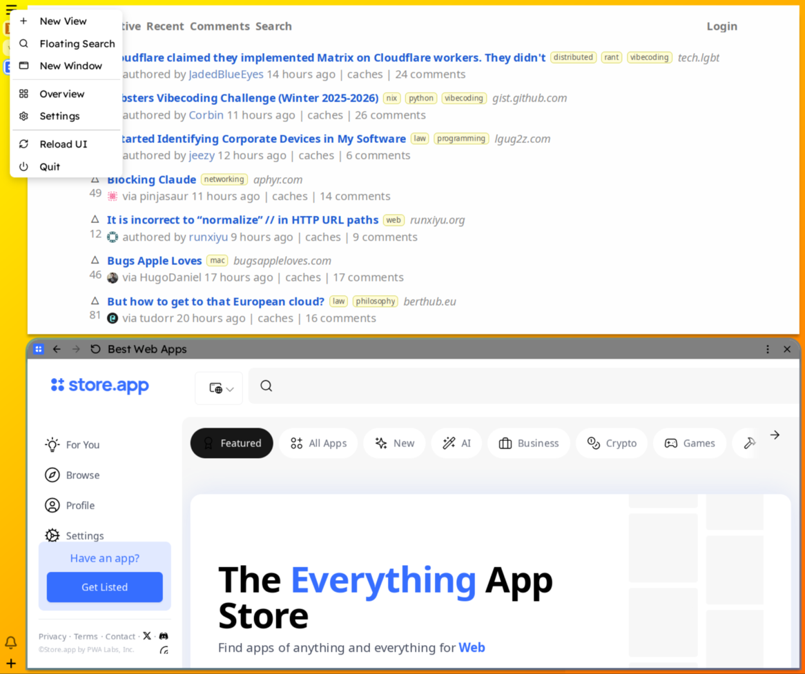 Main menu and 2 pages in vertical stacking