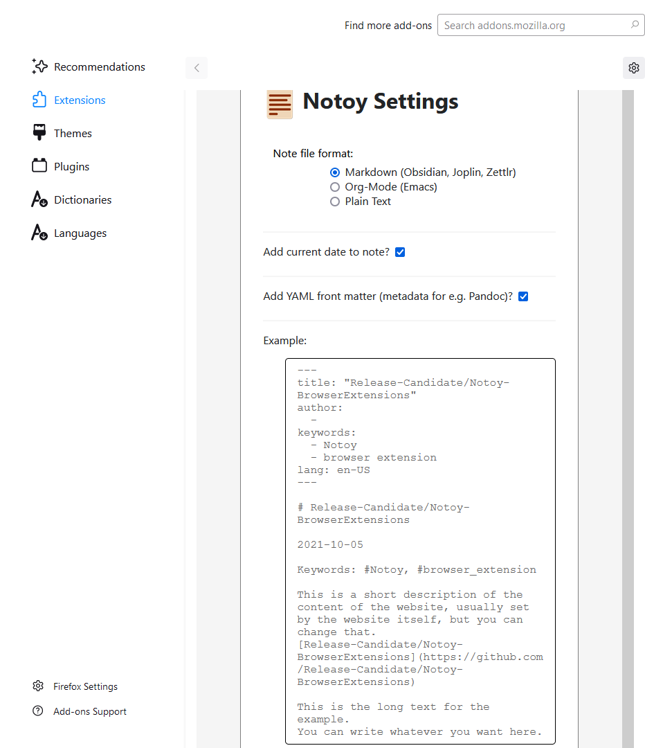 Screenshot of the extension's options page, running in Firefox