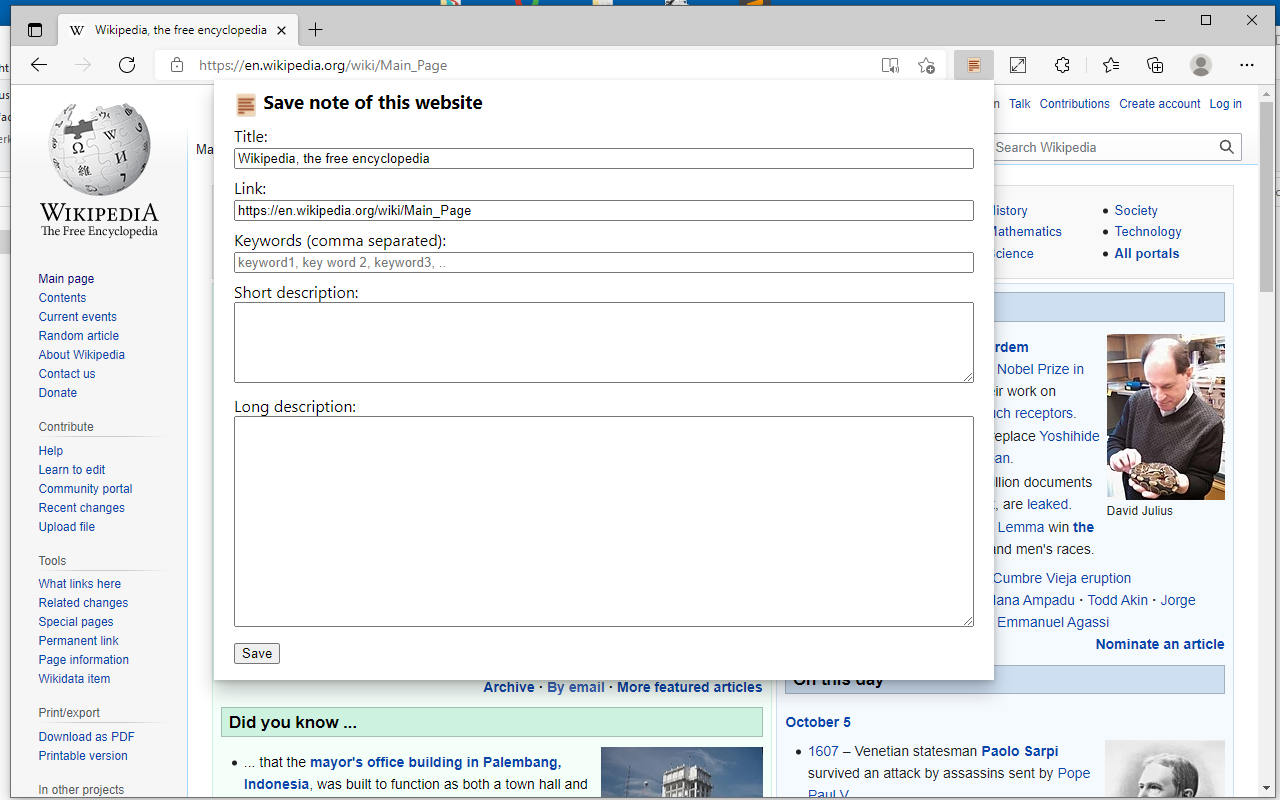 Screenshot of the extension's popup, running in Edge