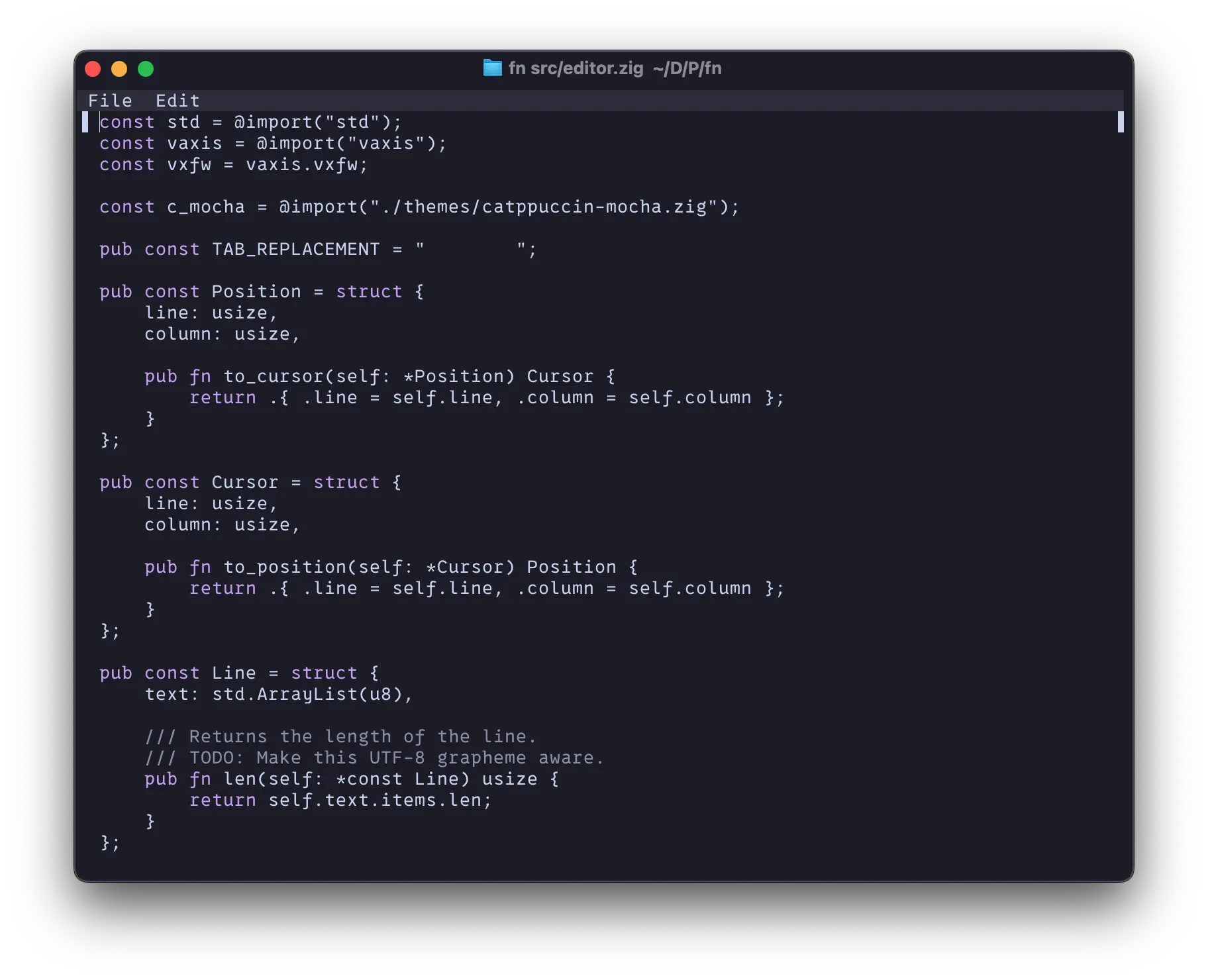 Screenshot of the fn TUI modifying its own source code