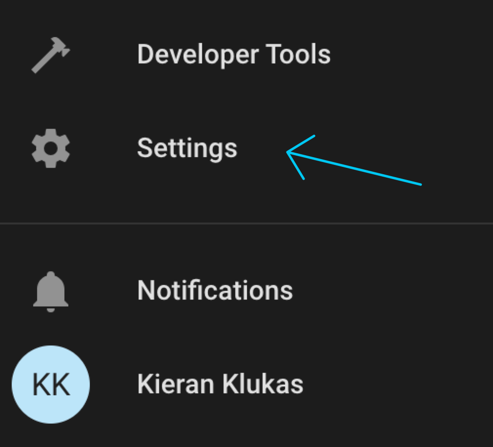 arrow pointing to settings in home assistant